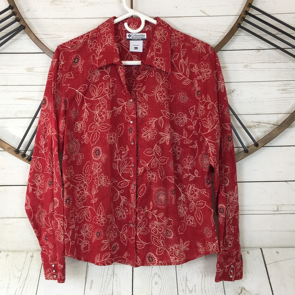 Columbia Womens Red Floral Pearl Snap Shirt Cotton